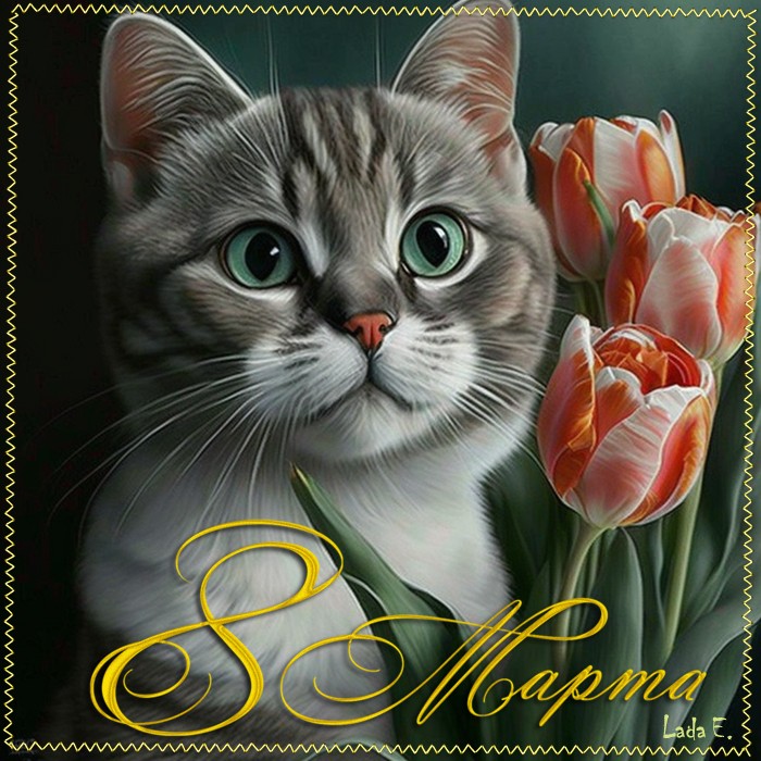 Картинка с 8 марта с котиком и тюльпанами